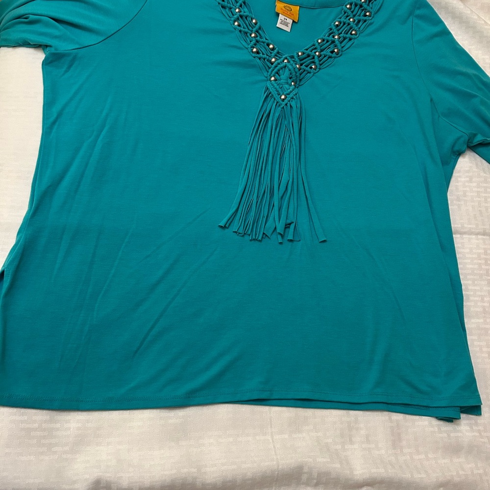 Ruby Rd. Turquoise V-Neck Tunic with Fringe - Picture 4 of 5